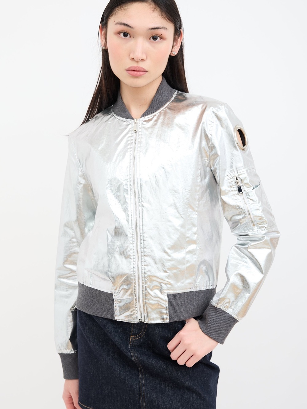 Paco Rabanne Silver Metallic Bomber Jacket with Grey Trim